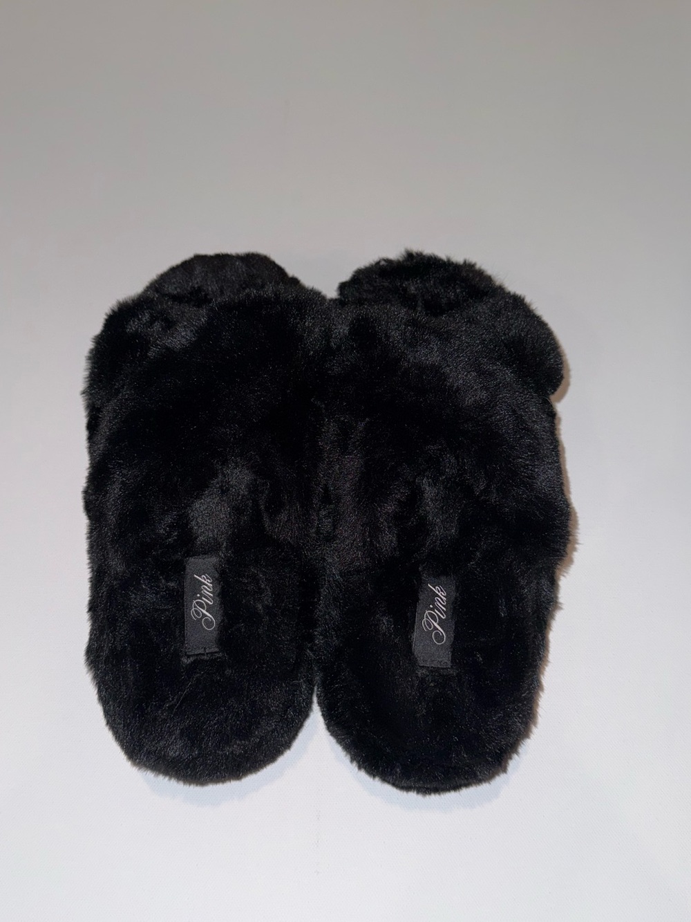 PINK Fuzzy Black Slide Slippers Never Worn